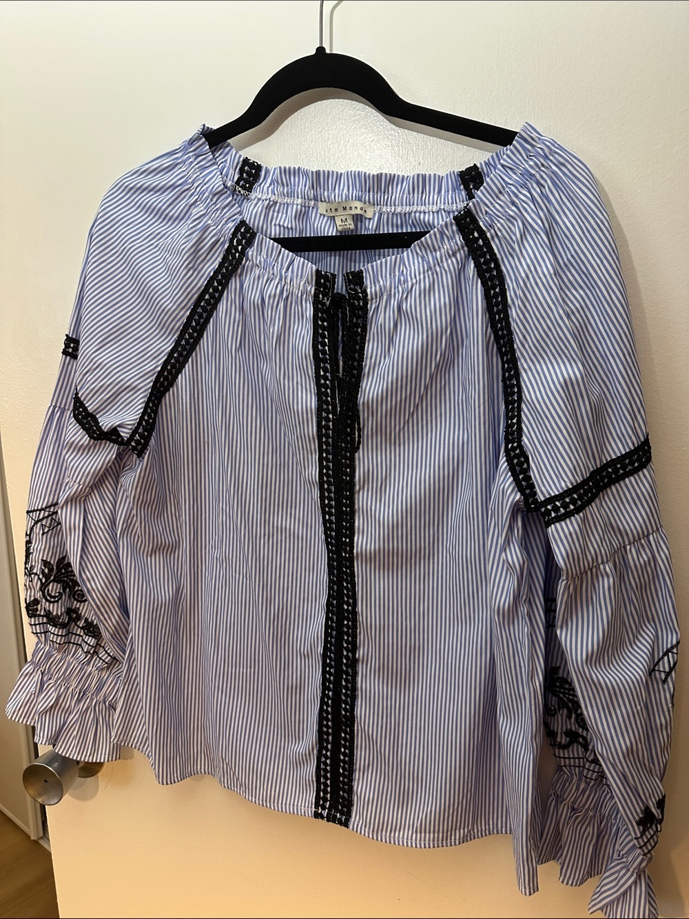 Haute Monde Blue and White Striped Peasant Blouse with Black Trim